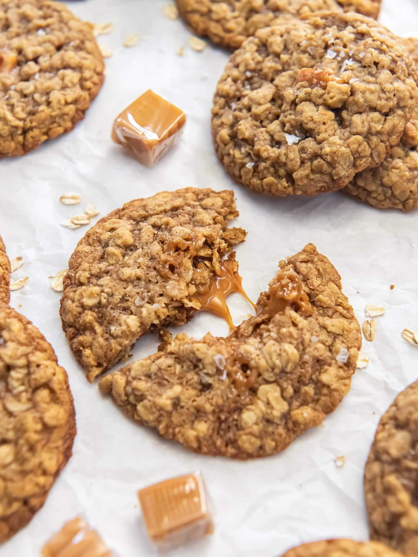 Caramel stuffed oatmeal cooking split in half.
