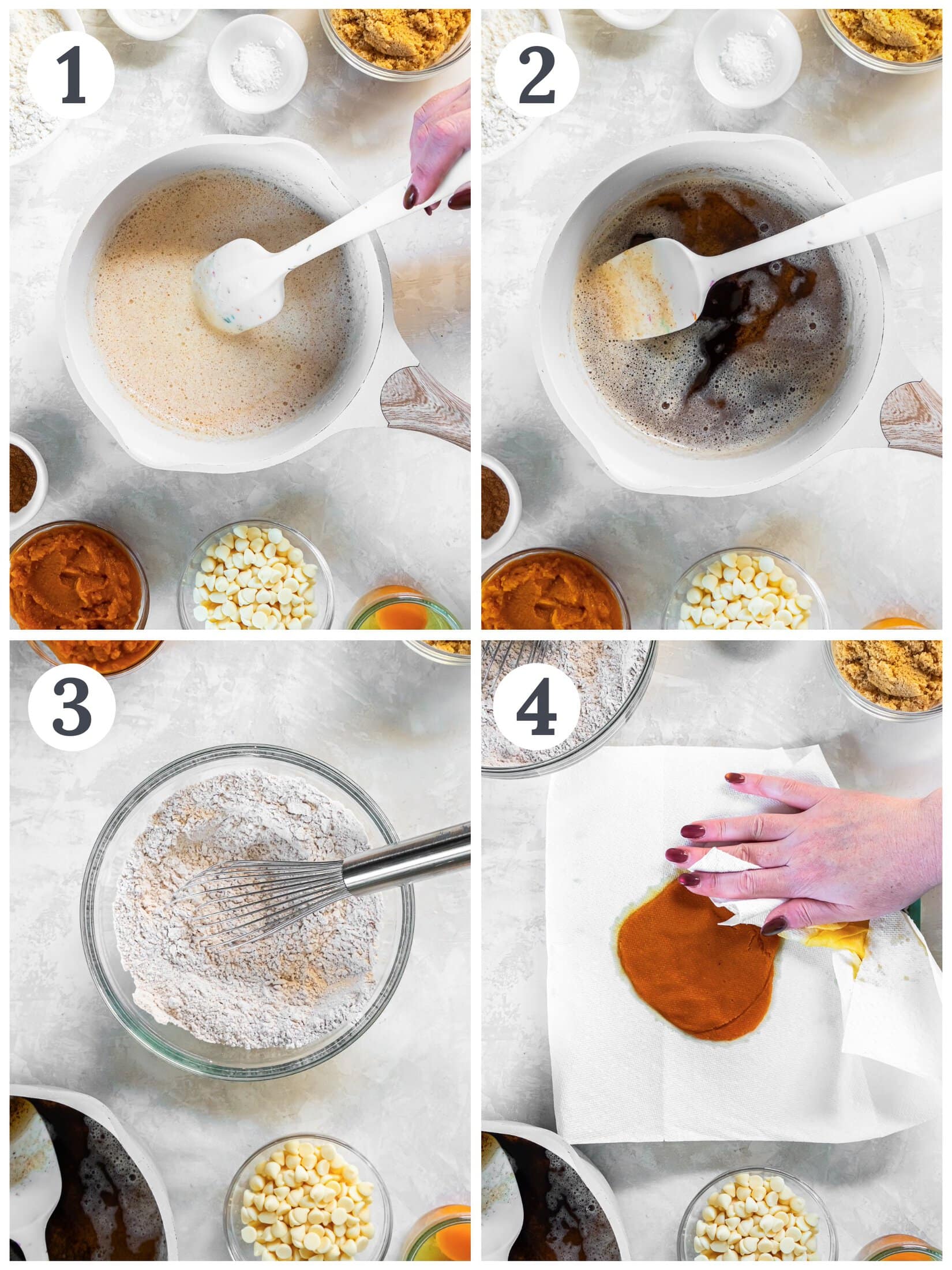 Process of mixing batter and blotting moisture from pumpkin puree.