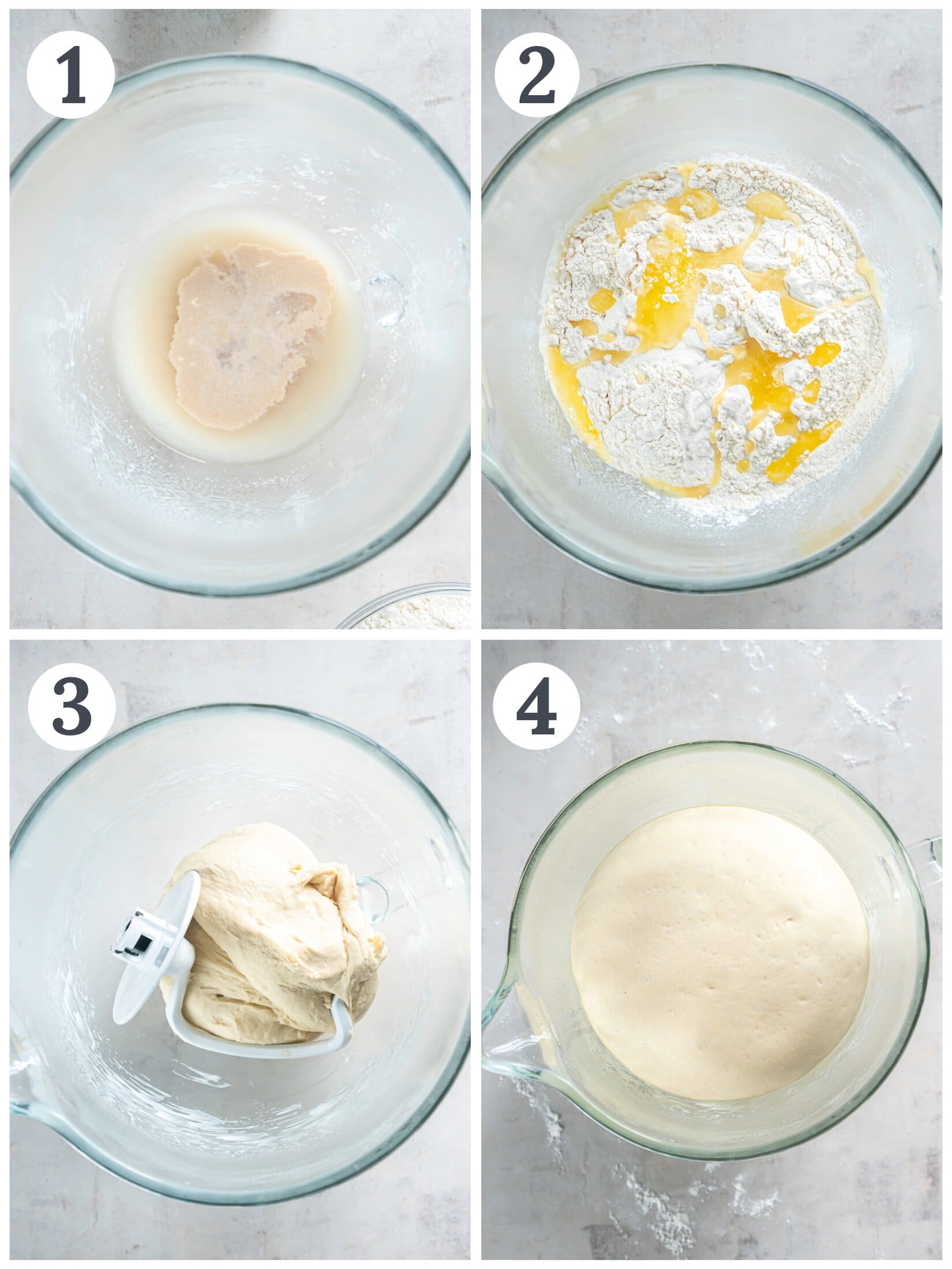 step by step photos demonstrating how to make dough for pretzel bites in the bowl of a stand mixer.