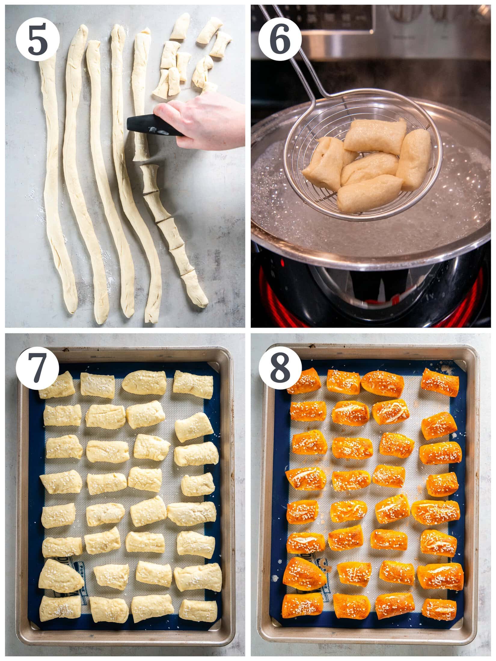 step by step photos demonstrating how to cut dough, boil and bake pretzel bites.