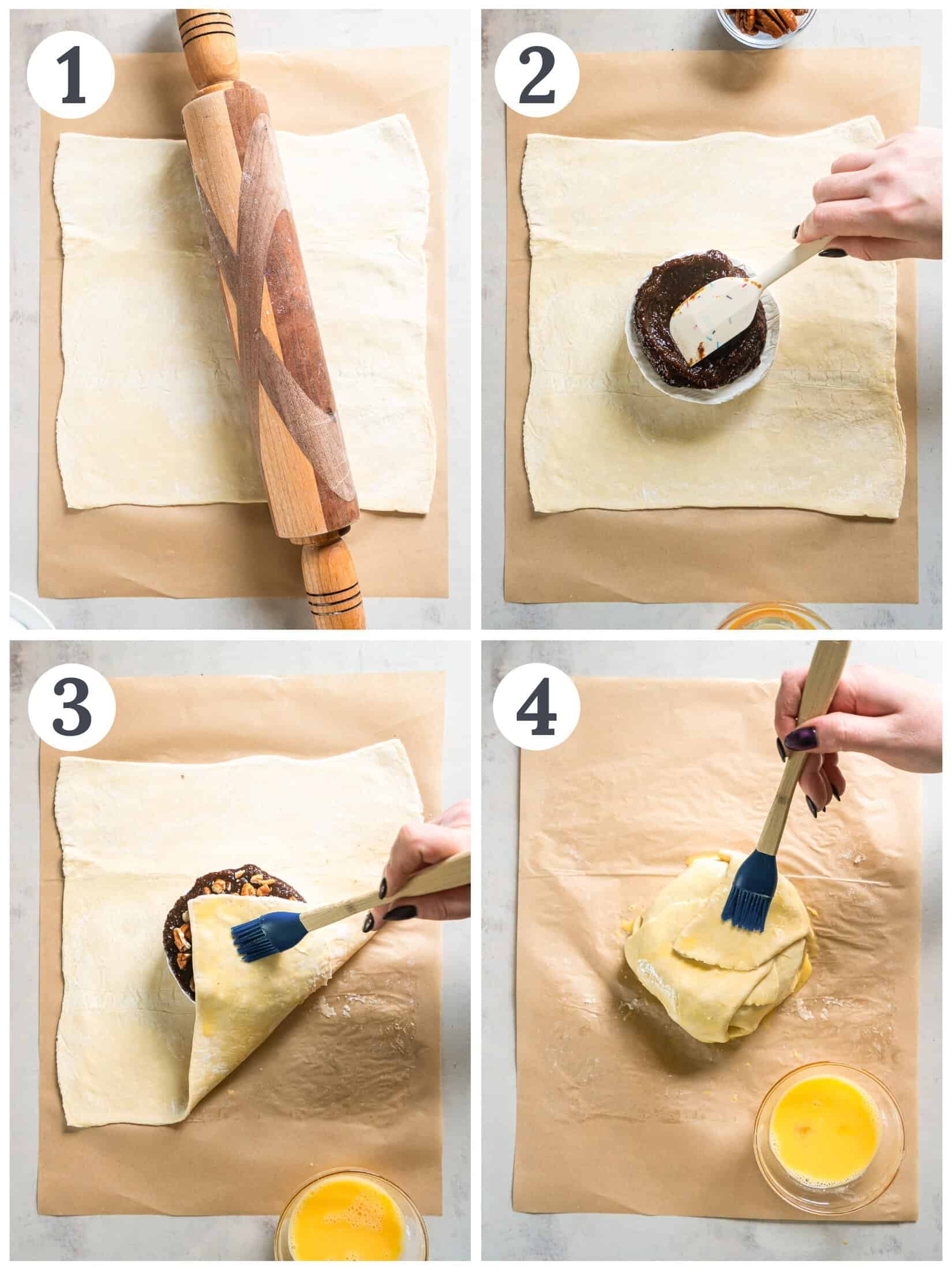 Filling puff pastry dough with brie and jam.