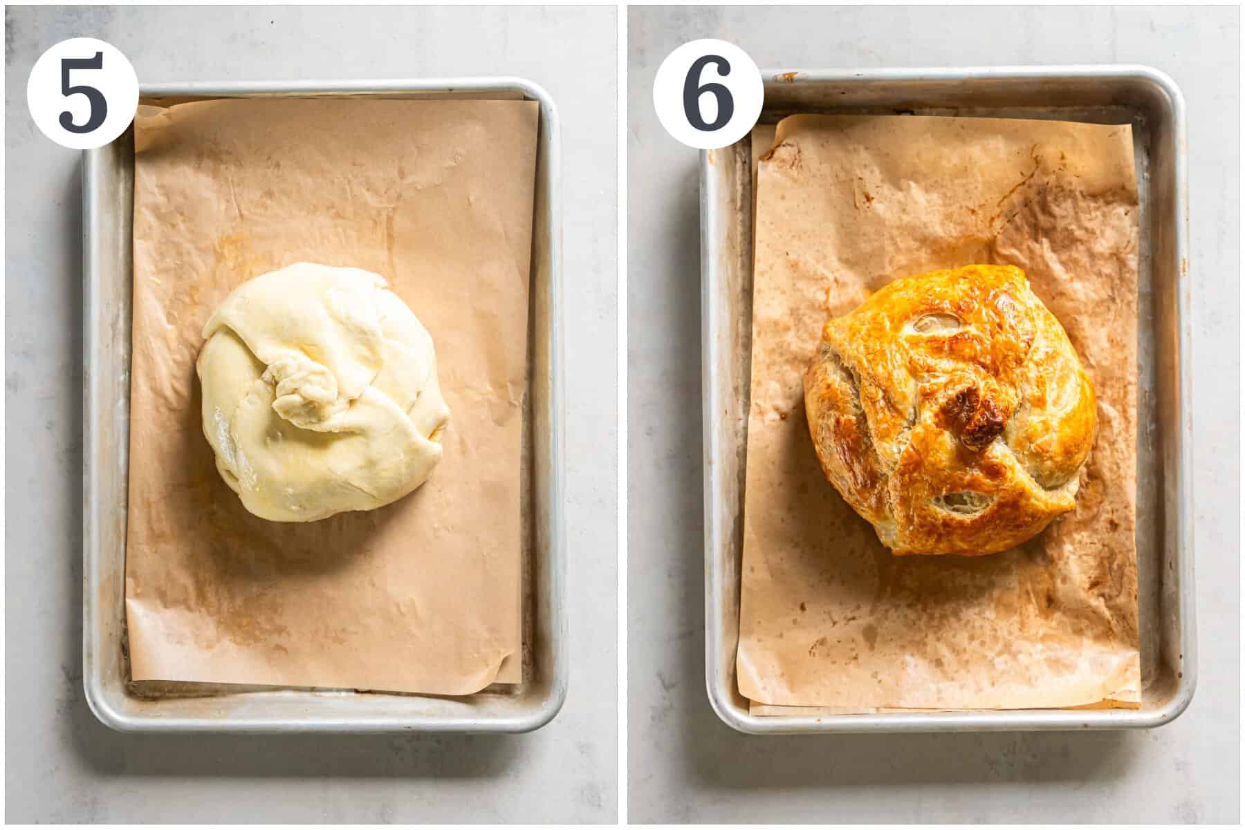 Showing brie covered in puff pastry before baking and after being baked.