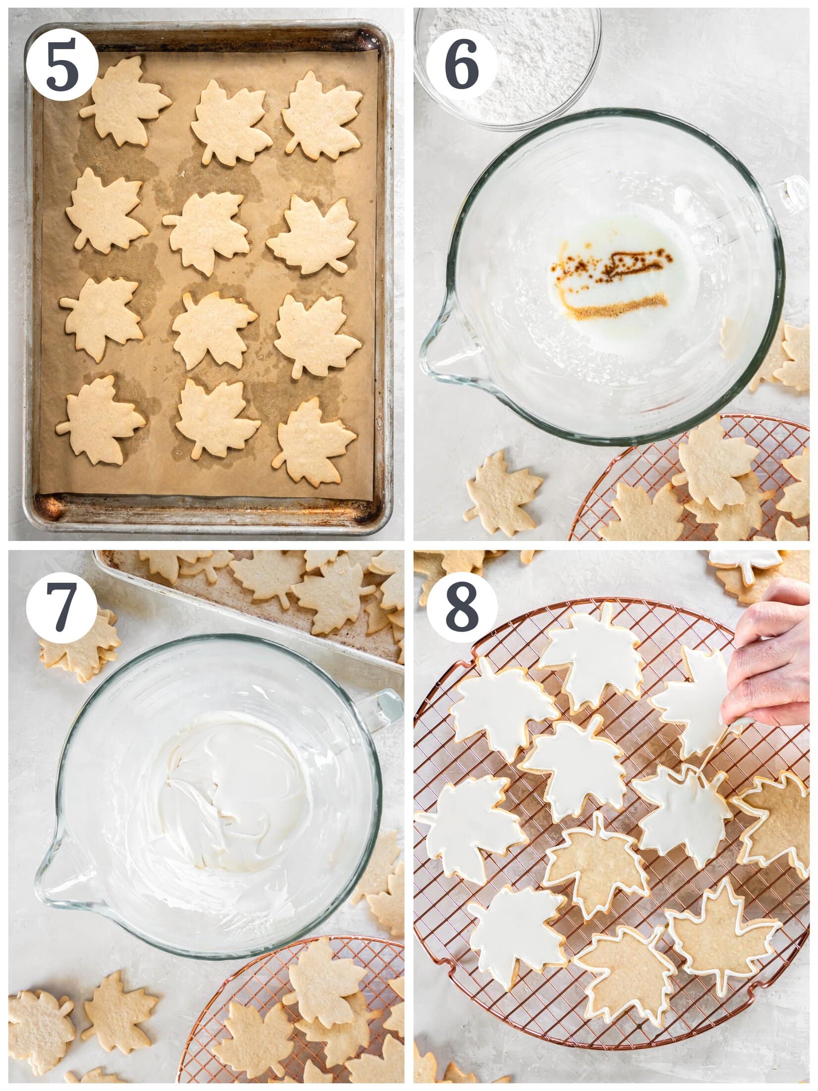 Showing how to add icing to sugar cookies cut into leaf shapes.