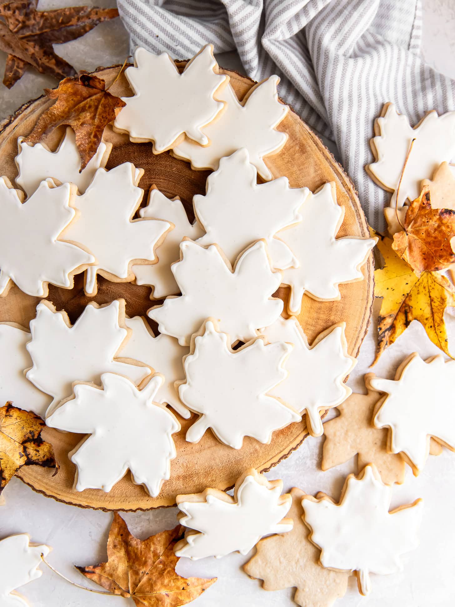 Cookies decorated to look like maple leaves near real maple leaves.